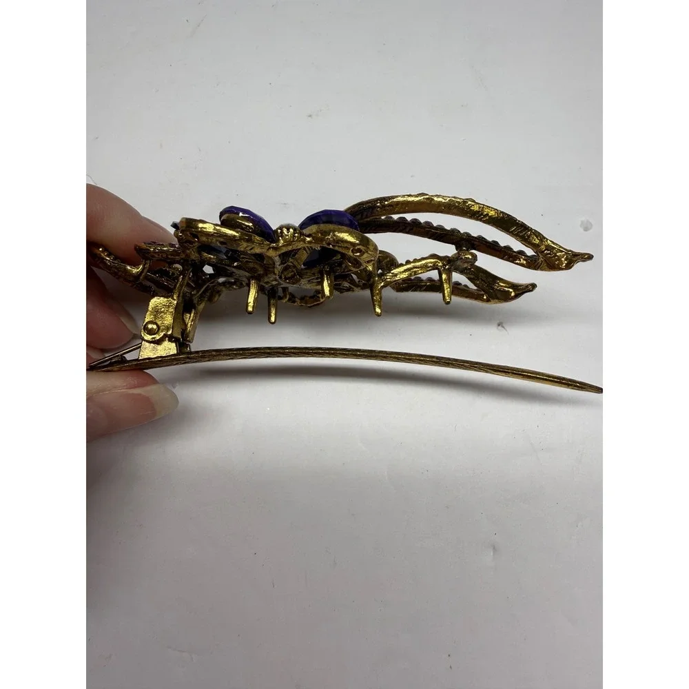 Vintage Style Purple Floral Hair Clip Gold Tone Rhinestone Crystal Barrette